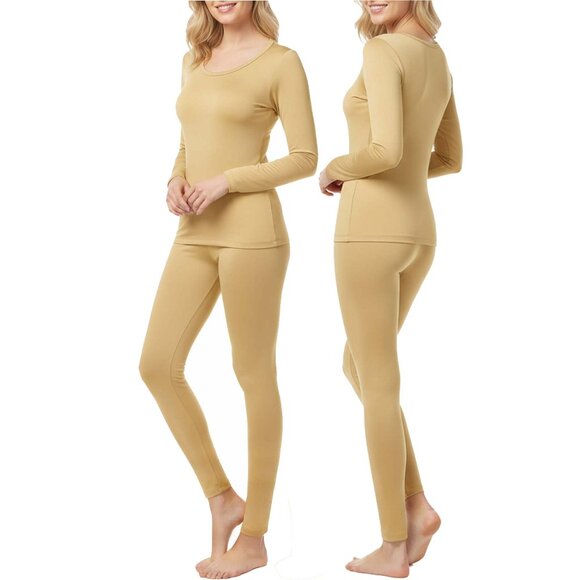 Women Microfiber Fleece Thermal Set Base Layer Top & Bottom, Winter Warm, Yellow - Picture 3 of 3